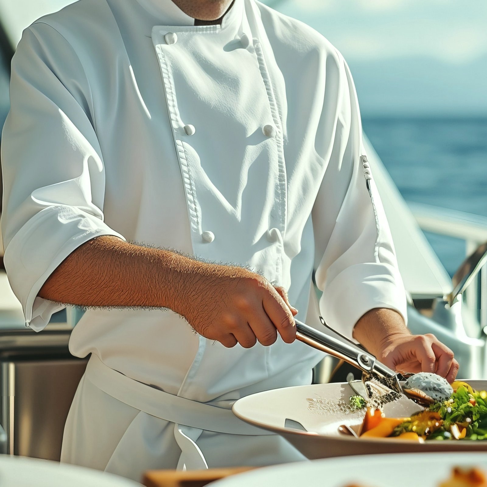 Private chef preparing a dish on deck